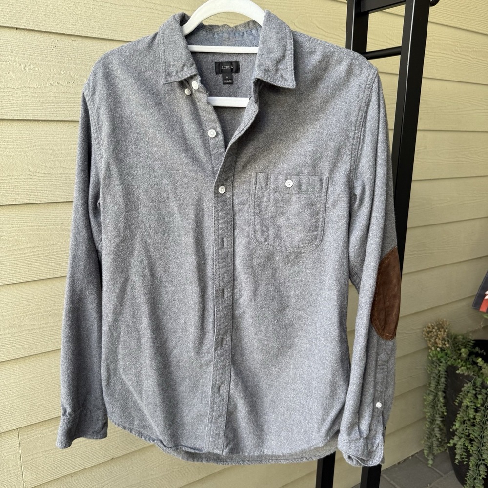 J Crew Mens Gray Wool Blend Suede Elbow Patch Long Sleeve Button Up Shirt Medium